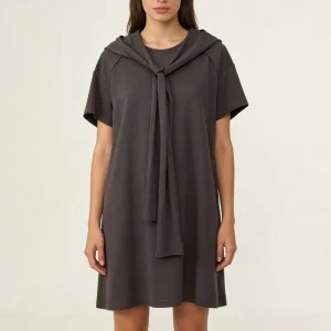 Women’s Dark Grey Hooded Oversized T-Shirt Dress Short Sleeve Tie Waist Casual Summer Midi Dress