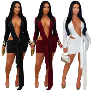 Women’s Deep V Solid Color Ribbon Slim Fit Dress Short Skirt Tie Front Ruffle Hem Short Party Cocktail Mini Dress