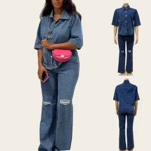 Women’s Denim Jacket Paired With Trendy Casual and Unique Distressed Jeans and Long Pants Set for Ladies