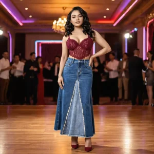 Women’s Denim Jean Skirt High Waist Dark Wash Split Detail Lady Slimming Denim Skirts