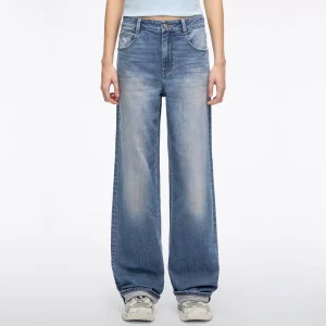 Women’s Denim Jeans Retro Distressed Ripped Washed Mid Waist Slimming Straight Quick Dry