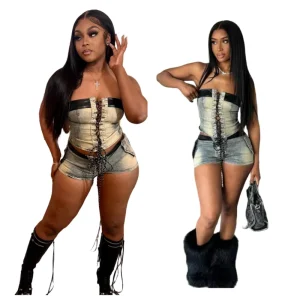 Women’s Denim PU Leather Bandage Crop Jacket and Shorts 2 Piece Set Casual Denim Two Piece Jeans Set