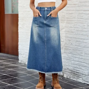 Women’s Denim Skirt Midi Length Raw Hem Jean Skirt Fashion Skirt for Women