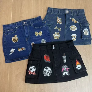 Women’s Denim Skirt Summer Vintage Patch High-Waisted A-Line Short Skirt Jeans