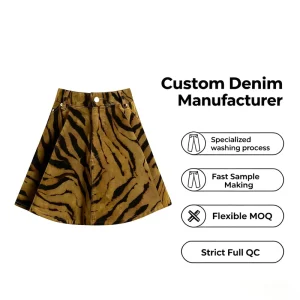 Women’s Denim Skirt Tiger Animal Print Vintage Washed High Waist A-line Mini Flared Swing Short Skirt
