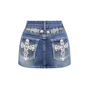 Women’s Denim Skirts High Waist Skinny Quick Dry Cross Embroidery Mini American Vintage Summer OEM Custom Stock