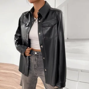 Women’s Designer Black Faux Silk Top Full Sleeve Shirt Breathable Solid Pattern Winter Jacket PU Material