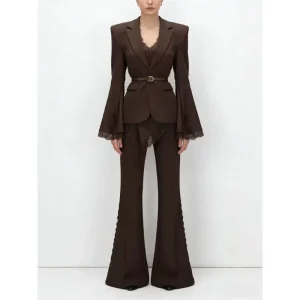 Women’s Designer Solid Black Blazer Jacket with Lace and Fringe Sleeve Business Suits for Office Lady