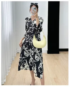 Women’s Digital Print Coffee Color Plus Size Pleated Gown Dress