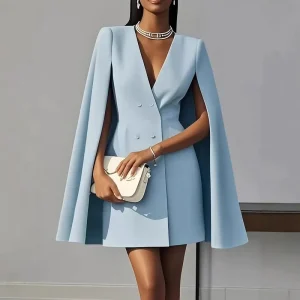 Women’s Double-Breasted Blazer Shawl Cape Solid Color Autumn Commuter Suit Dress for Europe America