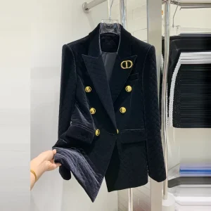 Women’s Double Breasted Grid Sewing Velvet Blazer