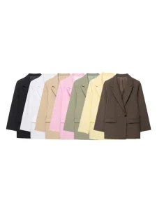 Women’s Double Breasted Hand Embroidery Wool Silk Solid Color Blazer Coat Long Sleeve Office Wear for Spring Autumn Winter