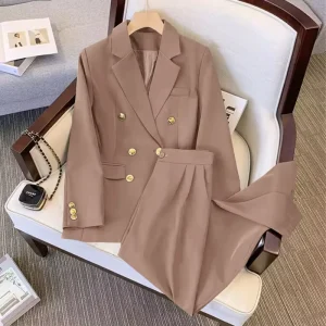 Women’s Double Breasted Office Suit Casual Spring Autumn Two-Piece Set Clothes Button Decoration Lady Solid Color Suits