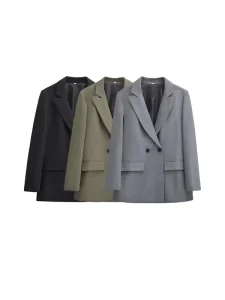 Women’s Double Breasted Solid Woven Wool Silk Office Blazer Coat Long Sleeve Flap Pockets Outerwear Chic Fashion