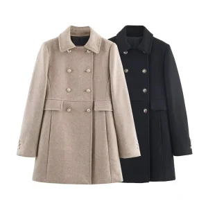 Women’s Double Breasted Tweed Coat Jacket Retro Long Loose Elegant