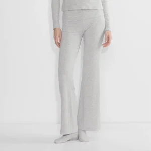 Women’s Double Fold Waist Flare Pants Plain Color Rib Mid Waist Yoga Fit Breathable Casual Style Flat Embroidered ODM for Autumn