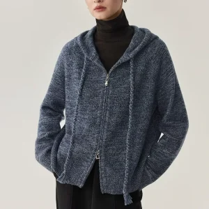 Women’s Double Headed Zipper Long Sleeve Knitted Jacket Casual Warm Cotton Wool Hooded Cardigan