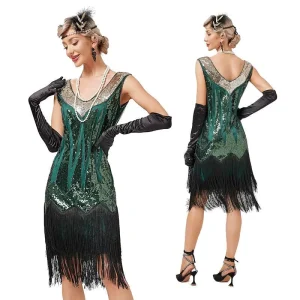 Women’s Double Layer Fringe Gatsby Cocktail Party Sequin Beaded Dress Gown