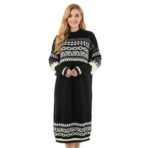 Women’s Double Sided Jacquard Knitted Dress Casual Simple Handmade Long Sleeve Loose Customized Knit Dress