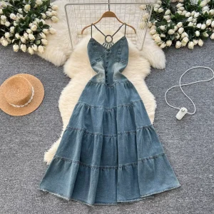 Women’s Dress Bow Collar Tunic Slim for Bandage Casual Backless Design Sleeveless Hollow Natural Denim Black