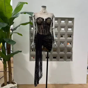 Women’s Dress Design Party Gothic Empire Waist Vintage Sexy Strapless with Hip Hugging Fluttering Lace Dress