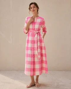 Women’s Dress Pink Plaid A Line Casual Dresses Natural Waist Woven Cotton Linen Dress Breathable for Autumn Beach