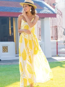 Women’s Dress Printed Sling Dress Temperament V neck Waist A Line Long Dress Holiday Beach Dress