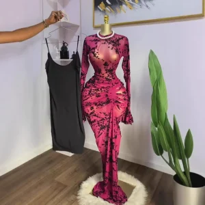 Women’s Dress Two Colors Print Long Sleeve Sheer Mesh Maxi Dress With Inner Dress Floor Length Plus Size Robe S-2XL