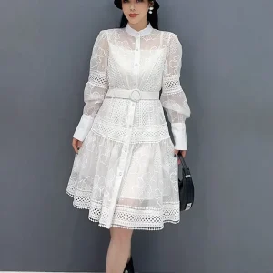 Women’s Dress With Hollow Lace Spliced A line Belt Midlength Dress Fashionable Elegant Casual Dress