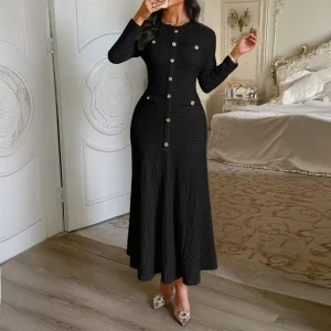 Women’s Dress with Gold Button Elegant Long Dresses Women and Casual Dresses Maxi Dress for Party Wear