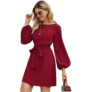 Womens Dresses Spring Summer Elegant Long Sleeve O Neck Natural Waist Front Logo A Line Solid Color Casual Dress