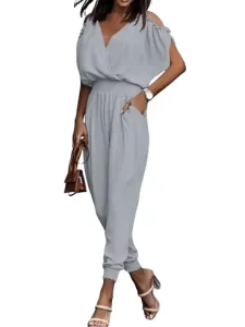 Women’s Dressy Elegant Ankle Smocket Waist Off Shoulder Loose 100% Polyester Vacation Plus Size Light Grey Jumpsuit