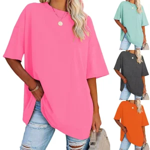 Women’s Drop Shoulder Oversized Loose Fit Knitted Cotton T-Shirt Plain Design X-Long Length
