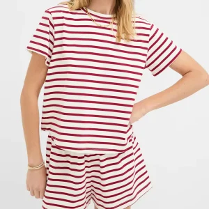 Women’s Drop Shoulder Round Neck T-shirts Striped Contrast Color Knit Top Short Sleeve Summer Red Stripe Tee