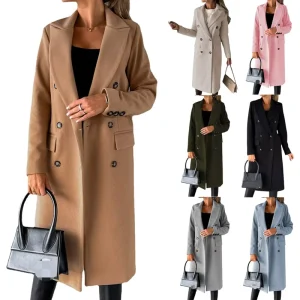 Women’s ELEGANT Winter Solid Color Wool Polyester Double Breasted Button Front Coat Thick Lining Breathable Eco Friendly Long