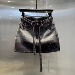 Women’s Eco-Friendly Breathable Casual Denim Mini Skirts Rhinestone Sexy A-Line Skirts for Women