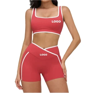 Women’s Eco Friendly Four Way Stretch Yoga Set Color Block Sports Bra & Shorts Elastic Waist for Gym Running Outdoor Training