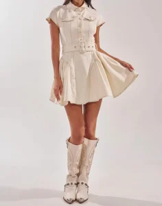 Women’s Eco-Friendly White Denim Shirt Dress with Short Sleeve Lapel Collar Belted Natural Waist for Summer Casual