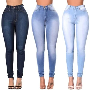 Women’s Elastic Tight Breathable Stretch Jeans High Waist Solid Color Pencil Skinny Denim Pants