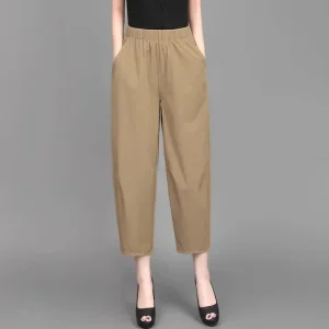 Women’s Elastic Waist Cropped Harem Pants Loose Fit Straight Leg Ankle Length Casual Banana Trousers