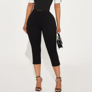 Women’s Elastic Waist High Rise Capri Pants with Bow Detail Plain Color Flare Legging Split Hem Loose Fit Breathable Features