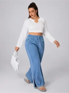 Women’s Elastic Waist Long Pants Solid Color Jeans Straight Pants Versatile