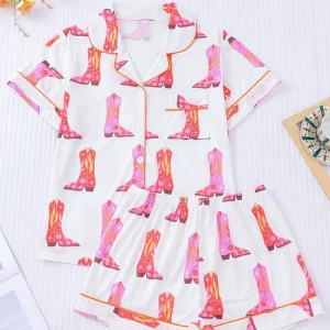 Women’s Elastic Waist Short Sleeved Sleepwear Set ODM Summer Printed Boots Matching Tops and Shorts for All Seasons Pajamas