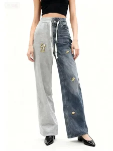 Women’s Elastic Waistband Straight-Leg Jeans with Metal Accents Unique Street Style Patchwork Design