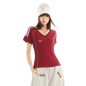 Women’s Elasticity Geometric Pattern Scoop Neck Slim Fit Short Sleeve Cotton Blend Jersey T-shirt for Summer Streetwear