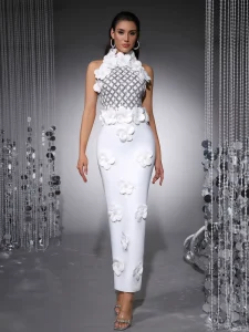 Women’s Elegant Beaded Flower Decoration Sleeveless Long Bandage Dress Prom Evening Club Dresses