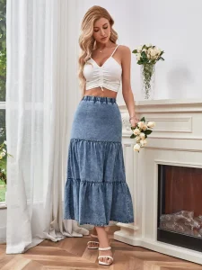 Women’s Elegant Bohemian Half Skirt Wrinkles Water Washed Denim Divided Into Cake Skirt