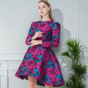 Women’s Elegant Boho Floral Worsted A-Line Vintage Party Dress with Long Sleeves Knee-Length Autumn Winter