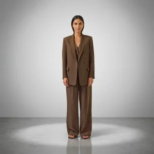Women’s Elegant Brown Double Breasted Blazer Suit Set with High Waist Wide Leg Pants for Office Business Wear