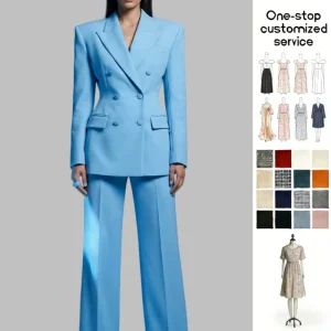 Women’s Elegant Business Suit Long Light Blue Double Breasted Blazer Office Suit